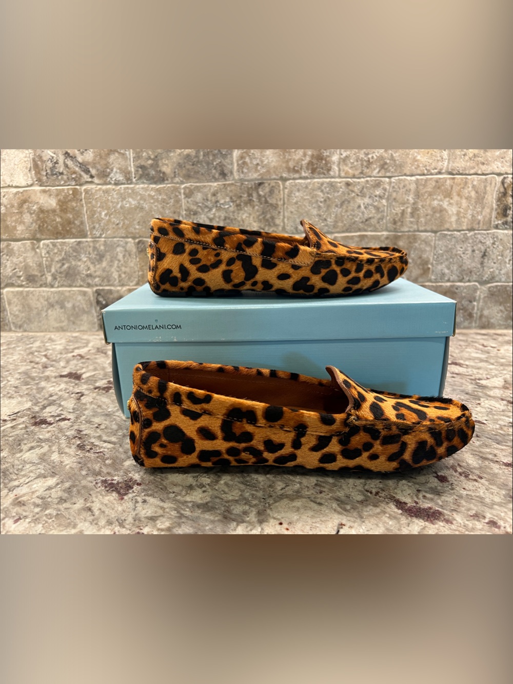 ANTONIO MELANI Leopard Print Pony Hair Moccasins - Tan and Black
